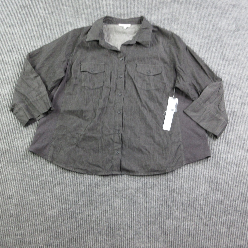 Pale Sky Button-Up Womens 3X Black Denim Stretch Pocket 3/4 Sleeve Shirt NWT
